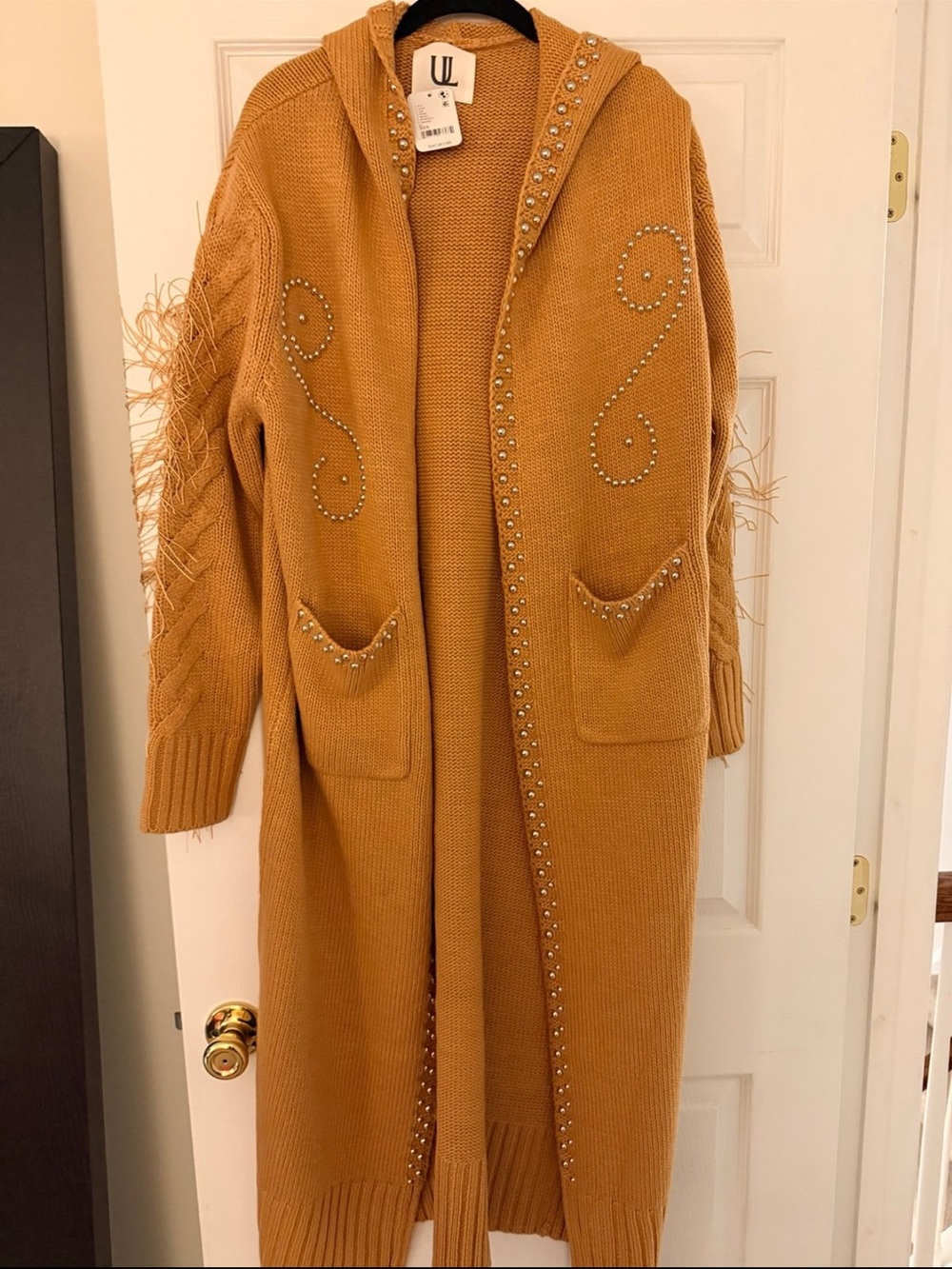 Free People Mustard Longline Hooded Cardigan with Stud Details UL